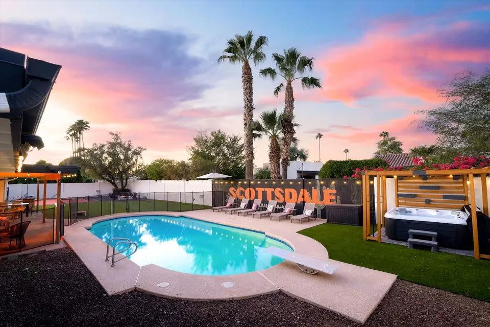 Private pool and hot tub at sunset