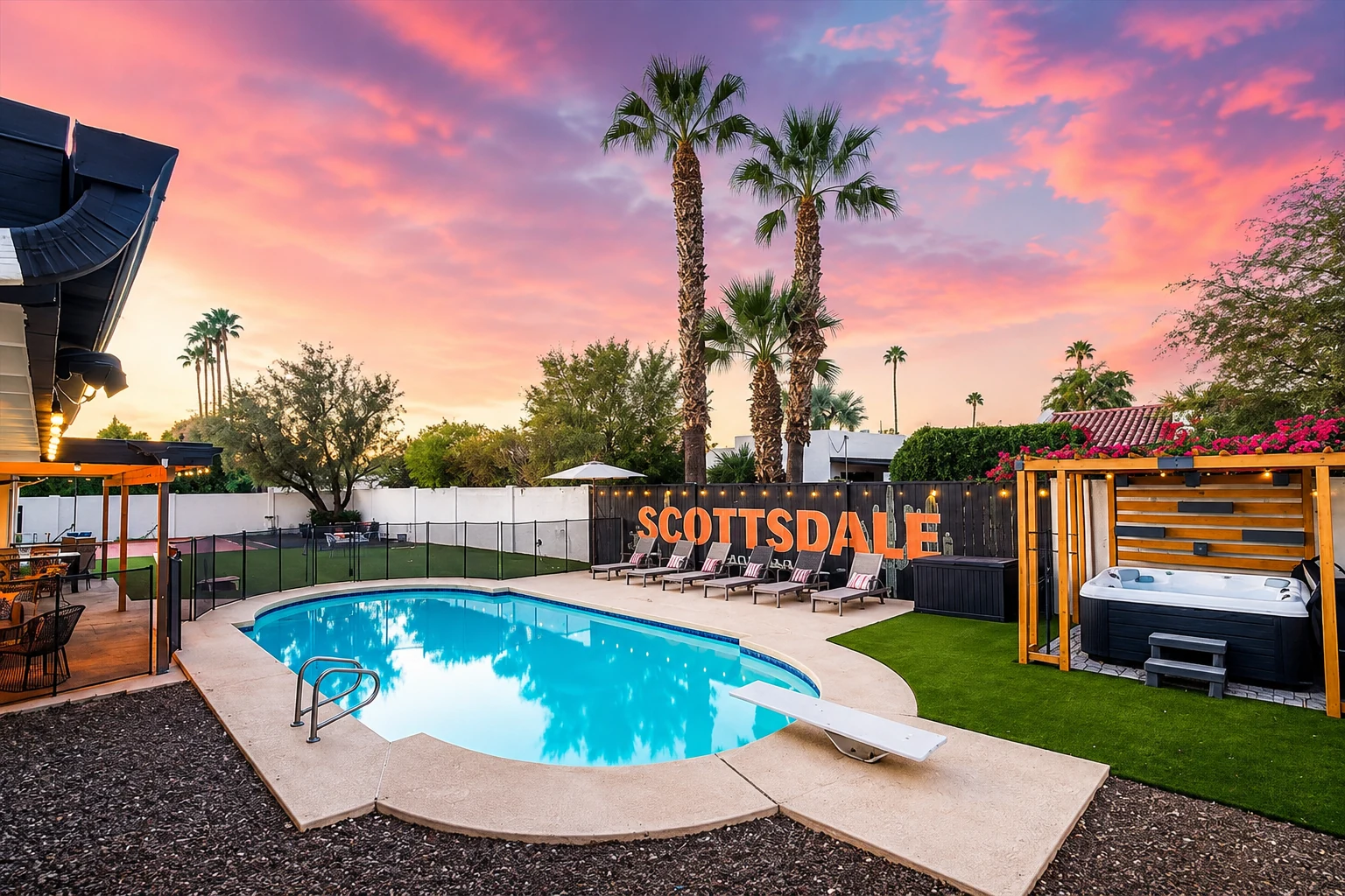 Private pool, diving board and hot tub beside the Scottsdale sign at sunset