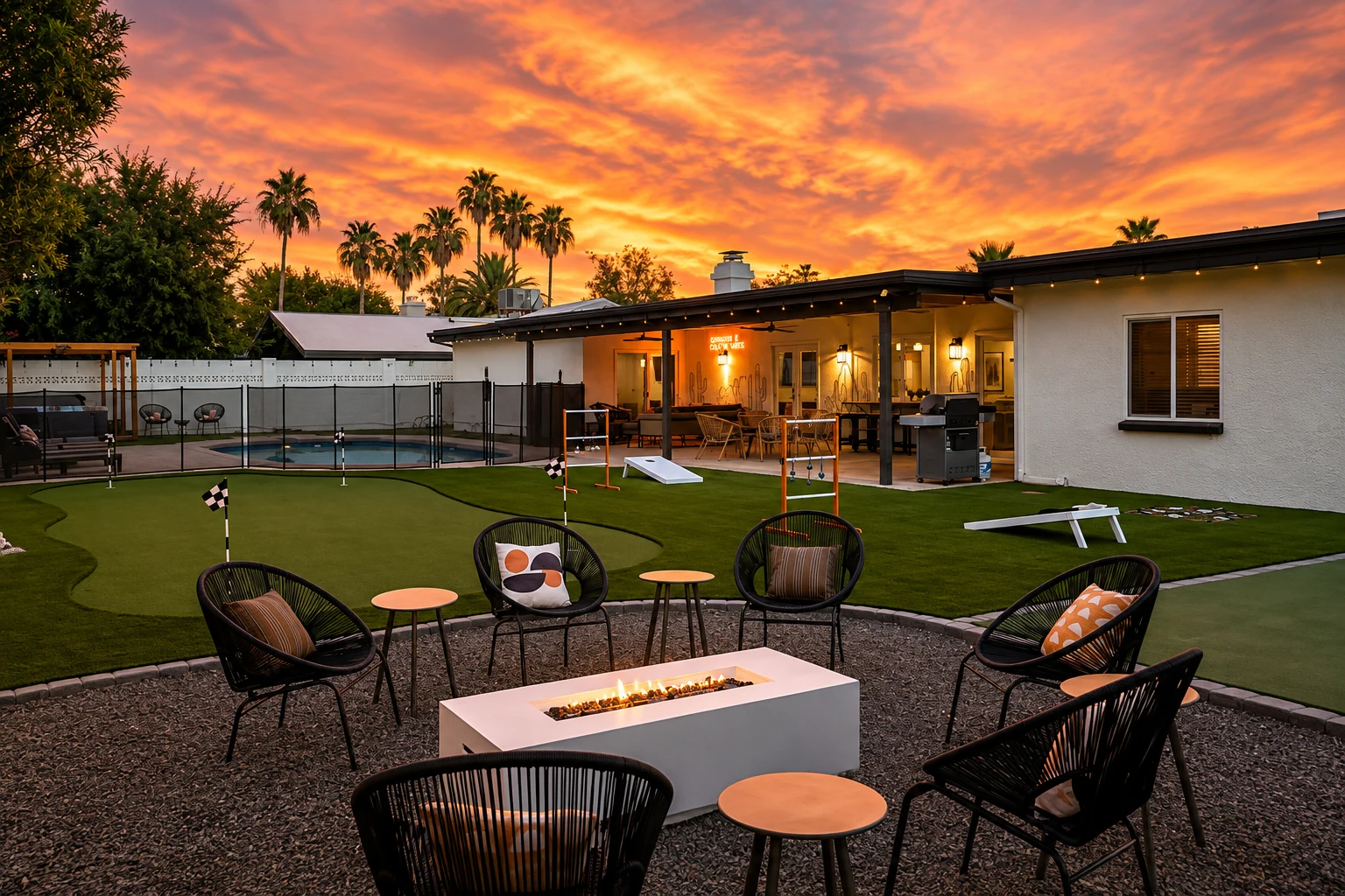 Fire pit lounge, putting green and lawn games under a blazing Scottsdale sunset
