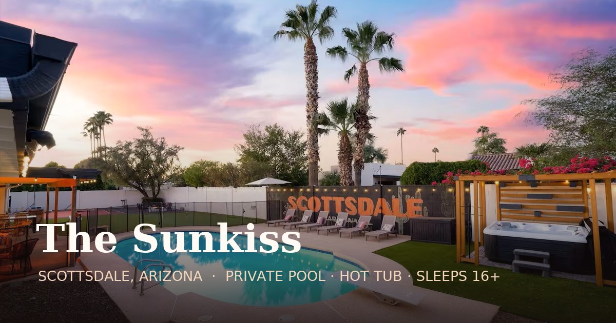 The Sunkiss private pool, hot tub and palm-lined backyard at sunset in Scottsdale, Arizona